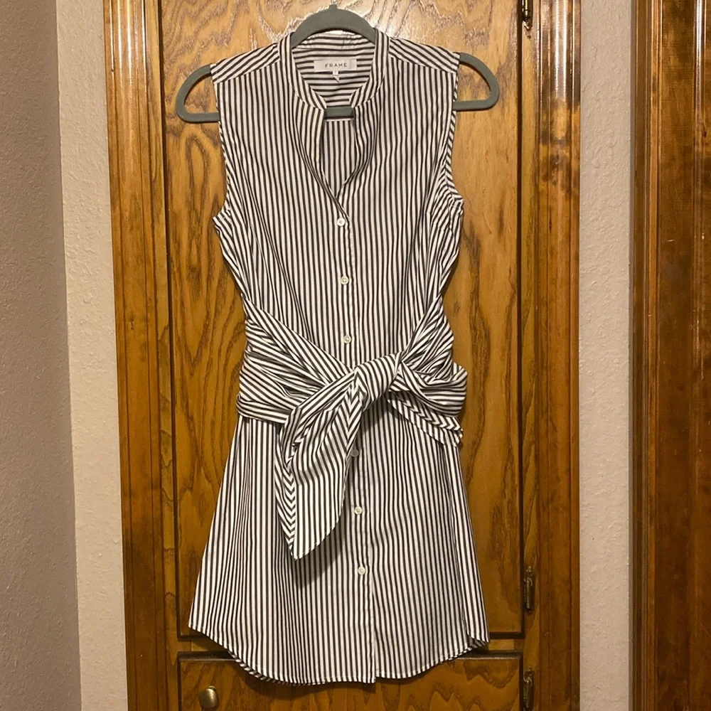 FRAME Cotton Sleeveless Striped Button Down Dress Tie Waist Shirt Dress SMALL - Picture 4 of 11